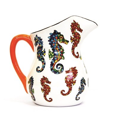 7" Red and Blue Mosaic Seahorse Ceramic Pitcher