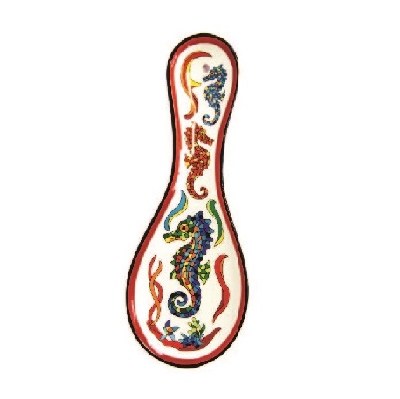 12" Red and Blue Mosaic Seahorse Ceramic Spoon Rest