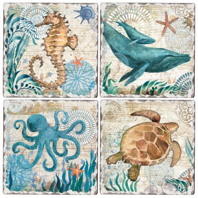 4" Square Set of 4 Multicolor Monterey Bay Tumbled Tile Coasters