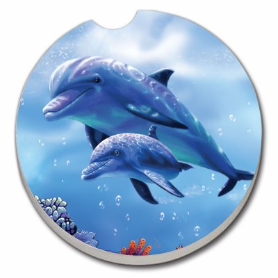 3" Blue Multicolor Dolphin Mother and Baby Car Coaster