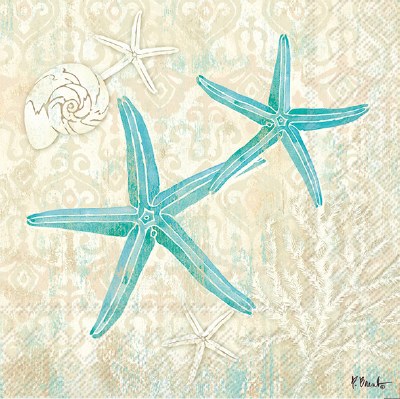 6.5" Square Turquoise Laguna Shells Starfish on Beige Luncheon Napkins