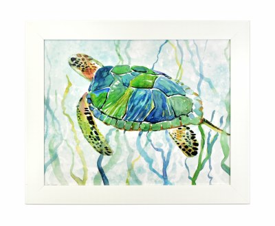 27" x 33" Blue and Green Sea Turtle Gel Tetxured Coastal Framed Painting 1