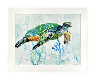 27" x 33" Blue and Green Sea Turtle Gel Tetxured Coastal Framed Painting 1