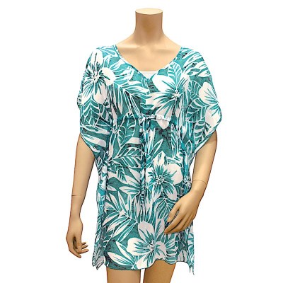 34" Large Teal Tropical Floral Drawstring Chiffon Cover Up