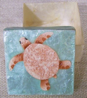 3" Square Coral and Aqua Sea Turtle Capiz Shell Box