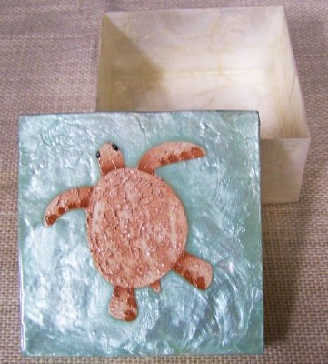 4" Square Coral and Aqua Sea Turtle Capiz Shell Box