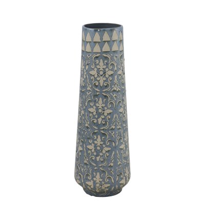 19" Blue and Beige Filigree Ceramic Vase