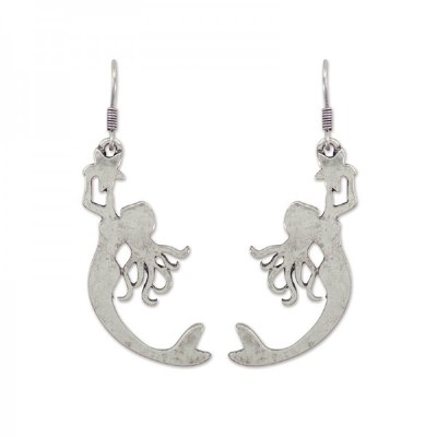 Distressed Silver Metal Finish Mermaid Silhouette Earrings