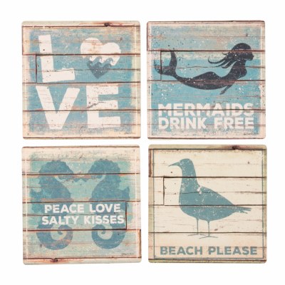 4" Square Set of 4 Blue and White Mermaid Coasters with Holder
