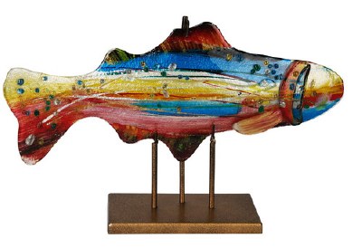 18" Red and Blue Glass Fish With Gold Stand