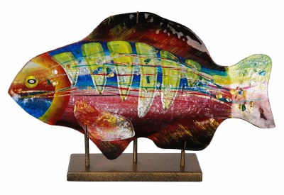18" Blue and Multicolor Glass Fish on a Gold Stand