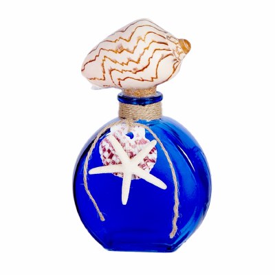5" Blue Glass Bottle with Rope and Shell Accent