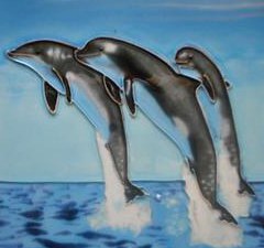 6" Square Jumping Dolphin Trio on Blue Ceramic Tile