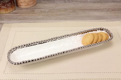 14" White and Silver Beaded Ceramic Cracker Tray by Pampa Bay