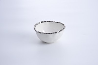 5" Round White and Silver Beaded Ceramic Bowl  by Pampa Bay