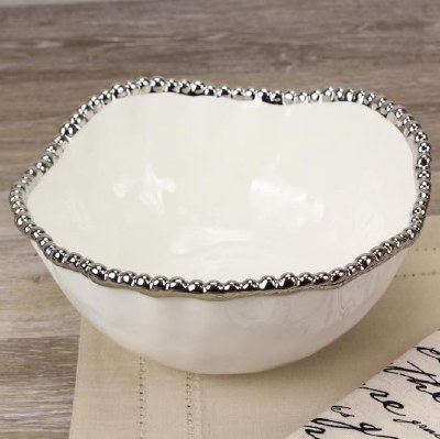 8" Round White and Silver Beaded Ceramic Bowl by Pampa Bay