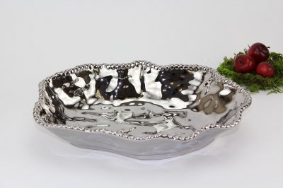 12" Oval Silver Beaded Ceramic Bowl Platter by Pampa Bay