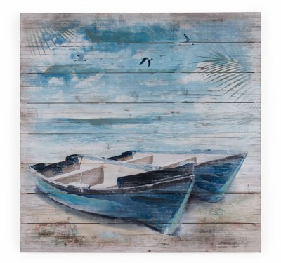 32" x 31" White and Blue Vintage Beach Rowboats Slat Wood Plaque