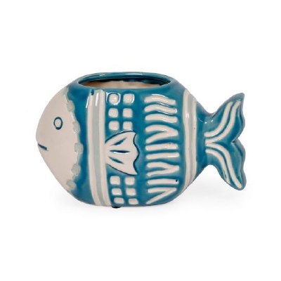 10" Blue and White Embossed Fish Shaped Ceramic Pot