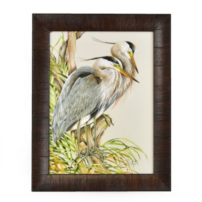 18" x 14" Two Blue Herons on Tan Gel Textured Framed Print with No Glass