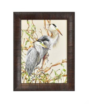 18" x 14" Blue Heron Gel Painting in Dark Brown Frame
