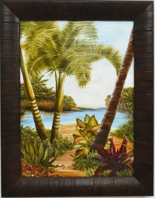 18" x 14" Tropical Lagoon With Palms 1 Gel Print With Brown Frame