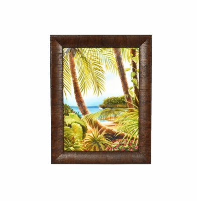 18" x 14" Tropical Lagoon With Palms 2 Gel Print With a Brown Frame