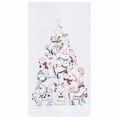 27" x 18" White Flour Sack Embroidered Puppy Tree Kitchen Towel