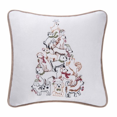 10" Square White Embroidered Puppy Tree Decorative Pillow