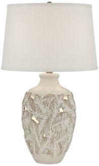 26" Beige Almond Openwork Leaves Table Lamp with White Shade