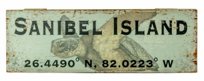 7" x 20" Green Sanibel Island Sea Turtle Wood Wall Plaque with Latitude Coordinates