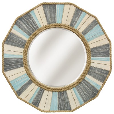 33" x 33" Round Cream, Blue, and Gray Mirror Lined with Rope Detail