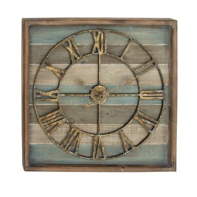 30" Brown and Light Blue Striped Wood Wall Clock With Rustic Metal Face