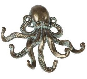 7" Bronze Metal Octopus Wall Hook
