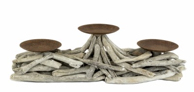 6" x 19" Triple Rustic Metal Candleholder with Driftwood Base