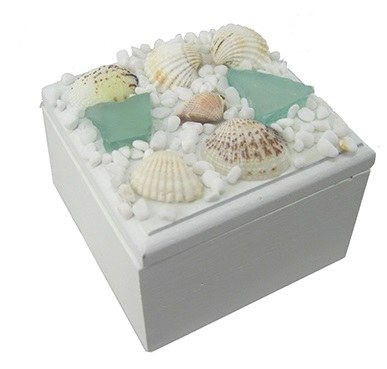3" Square Wood Glass and Shell Top Jewelry Box