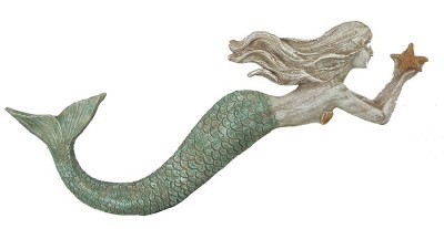 22" Distressed White and Green Finish Polyresin Mermaid Plaque