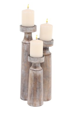 Set of 3 Whitewash Wood Pillar Candleholders