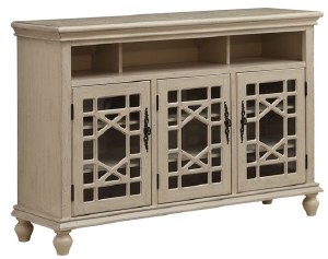 54 Distressed Openwork Finish Glass Door Media Center Credenza