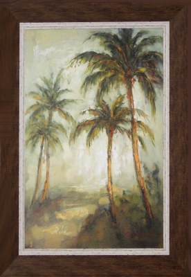 44" x 32" Two Palm Trees in Foreground Gel Textured Coastal Print in a Brown Wood Frame
