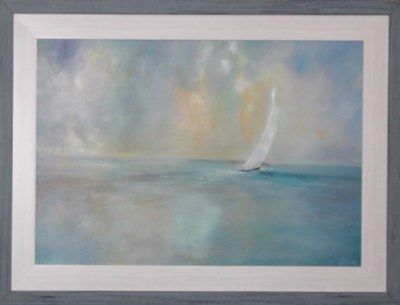 30" x 42" Sailboat Watercolor Mist Gel Textured Coastal Print in a Distressed Gray Frame