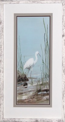 28" x 16" White Egret with Reeds on 2 Sides Framed Under Glass