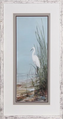 28" x 16" White Egret with Reeds on 1 Side Framed Under Glass