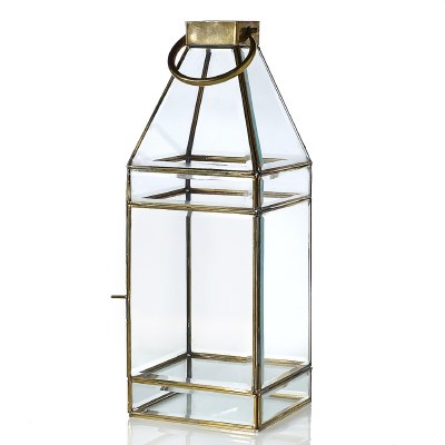 18" Distressed Brass and Beveled Glass Square Lantern