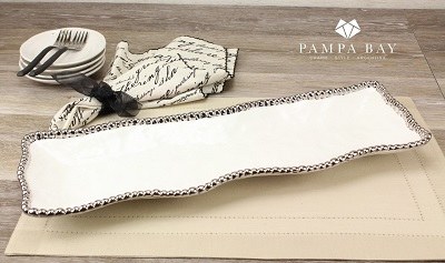 19" White and Silver Ceramic Rectangle Beaded Rim Tray by Pampa Bay