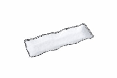 19" White and Silver Ceramic Rectangle Beaded Rim Tray by Pampa Bay