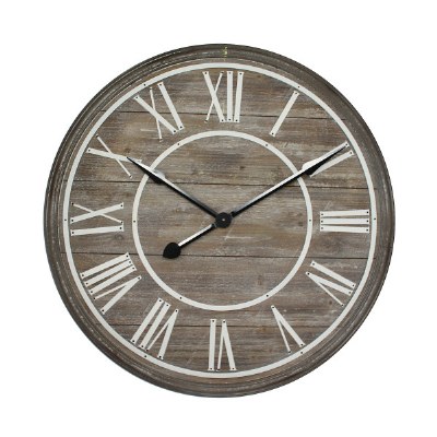 31" Round Driftwood Clock with White Roman Numerals and a Galvanized Rim