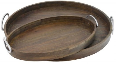 31" Brown Wood Oval Tray With Silver Metal Handles