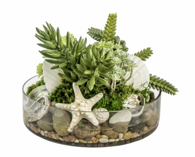 13" Round Faux Succulents, Shells, and Rocks in a Glass Bowl