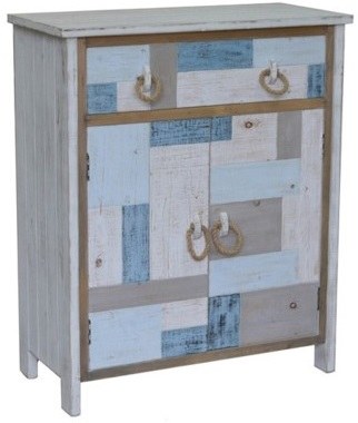 36" Rustic White and Blue Patchwork Drawer Cabinet